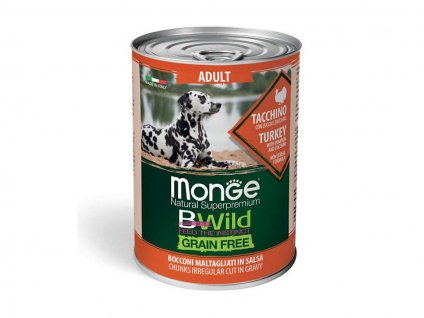 Konzerva MONGE Dog BWild Adult Grain Free krůtí kousky v omáčce s dýní a cuketou 400g