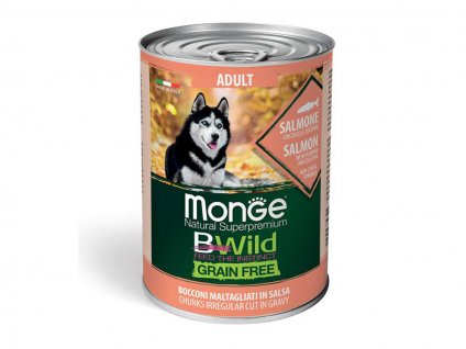 Konzerva MONGE Dog BWild Adult Grain Free lososové kousky v omáčce s dýní a cuketou 400g