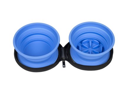 Cestovní silikonová dvojmiska KIWI WALKER Travel Slowfeeder Double Bowl modrá 16,5cm
