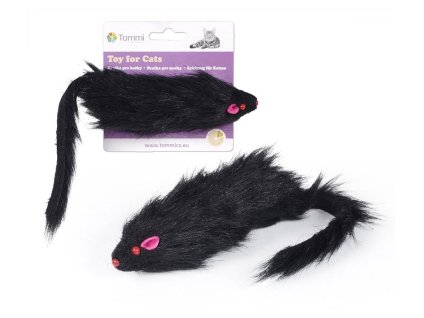 Hračka pro kočky TOMMI - černá chlupatá myš 15cm (DOPRODEJ)