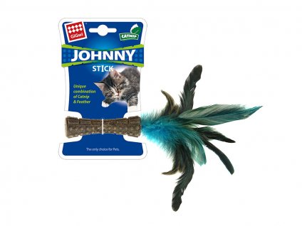 Hračka pro kočky GIGWI - Johnny Stick s modrými peříčky a catnipem 8x2,5x2,5cm