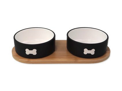 Keramická dvojmiska DOG FANTASY s bambusovým protiskluzovým podtáckem černá 13x5,5cm (2x400ml)