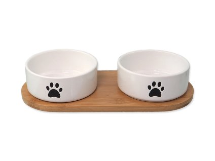 Keramická dvojmiska DOG FANTASY s bambusovým protiskluzovým podtáckem bílá 13x5,5cm (2x400ml)