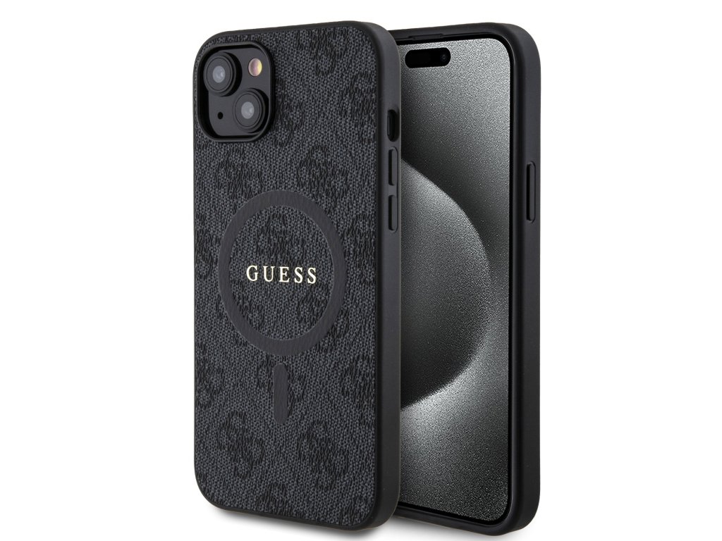 Guess PU Leather 4G Colored Ring MagSafe Zadní Kryt pro iPhone 15 Plus Black