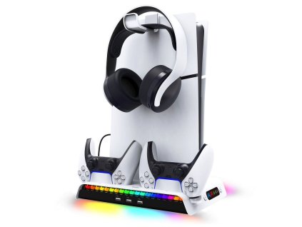 iPega P5S006 Multifunkční Nabíjecí RGB Stojan s Chlazením pro PS5 Slim White