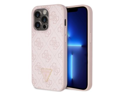 Guess PU 4G Strass Triangle Metal Logo Zadní Kryt pro iPhone 15 Pro Pink