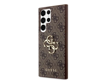 Guess PU 4G Metal Logo Zadní Kryt pro Samsung Galaxy S23 Ultra Brown