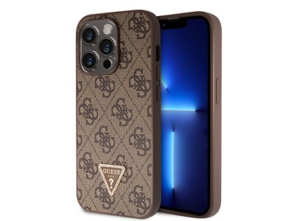 Guess PU 4G Strass Triangle Metal Logo Zadní Kryt pro iPhone 15 Pro Brown