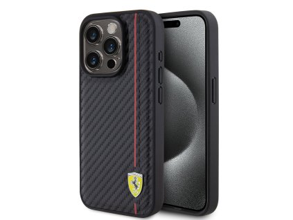 Ferrari PU Leather Carbon Vertical Red Line Zadní Kryt pro iPhone 15 Pro Black