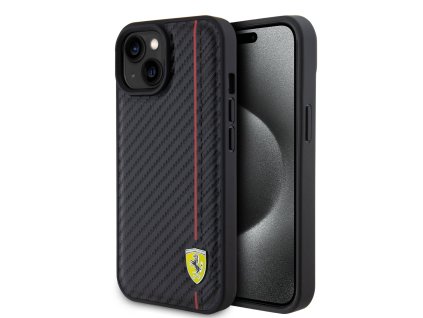 Ferrari PU Leather Carbon Vertical Red Line Zadní Kryt pro iPhone 15 Black