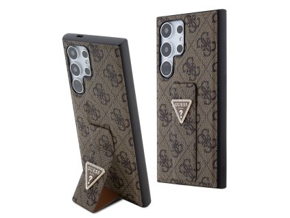 Guess PU Grip Stand 4G Strass Triangle Metal Logo Zadní Kryt pro Samsung Galaxy S24 Ultra Brown