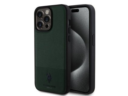 U.S. Polo PU Leather Mesh Pattern Double Horse Zadní Kryt pro iPhone 15 Pro Max Green