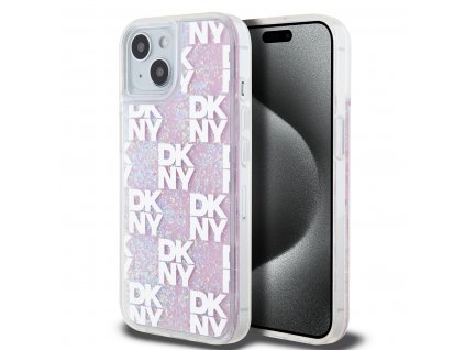 DKNY Liquid Glitter Checkered Pattern Zadní Kryt pro iPhone 15 Pink