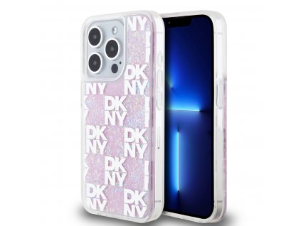 DKNY Liquid Glitter Checkered Pattern Zadní Kryt pro iPhone 15 Pro Pink