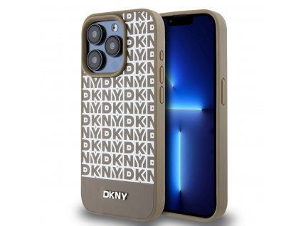 DKNY PU Leather Repeat Pattern Bottom Stripe Zadní Kryt pro iPhone 14 Pro Max Brown