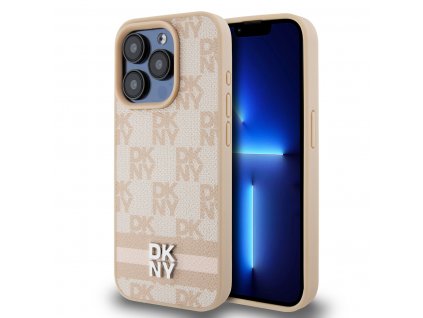 DKNY PU Leather Checkered Pattern and Stripe Zadní Kryt pro iPhone 14 Pro Pink
