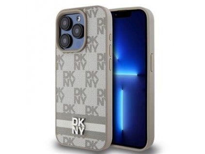 DKNY PU Leather Checkered Pattern and Stripe Zadní Kryt pro iPhone 14 Pro Beige