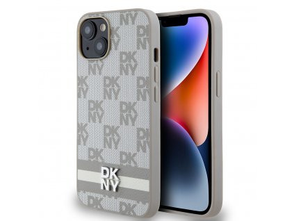 DKNY PU Leather Checkered Pattern and Stripe Zadní Kryt pro iPhone 14 Beige