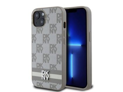 DKNY PU Leather Checkered Pattern and Stripe Zadní Kryt pro iPhone 13 Beige