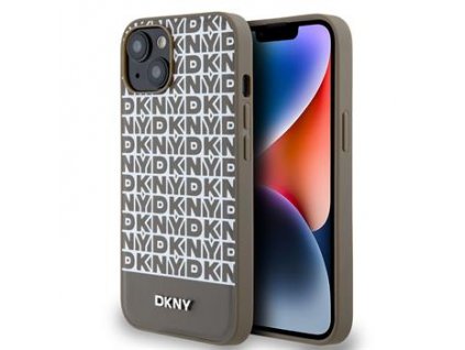 DKNY PU Leather Repeat Pattern Bottom Stripe MagSafe Zadní Kryt pro iPhone 15 Brown
