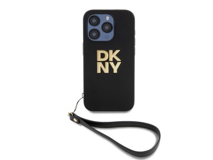 DKNY PU Leather Stack Logo Wrist Strap Zadní Kryt pro iPhone 14 Pro Black