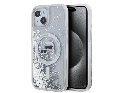 Karl Lagerfeld Liquid Glitter Karl and Choupette Heads MagSafe Zadní Kryt pro iPhone 15 Transparent