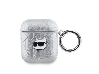 Karl Lagerfeld PU Embossed Choupette Head Pouzdro pro AirPods 1/2 Silver
