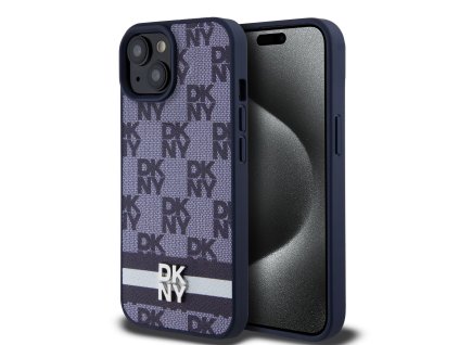 DKNY PU Leather Checkered Pattern and Stripe Zadní Kryt pro iPhone 15 Blue