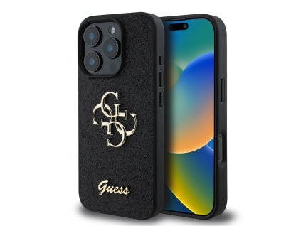 Guess PU Fixed Glitter 4G Metal Logo Zadní Kryt pro iPhone 16 Pro Black