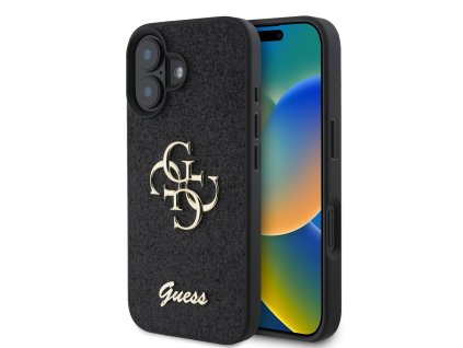 Guess PU Fixed Glitter 4G Metal Logo Zadní Kryt pro iPhone 16 Black
