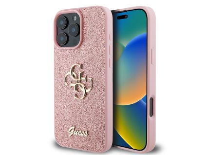 Guess PU Fixed Glitter 4G Metal Logo Zadní Kryt pro iPhone 16 Pro Max Pink