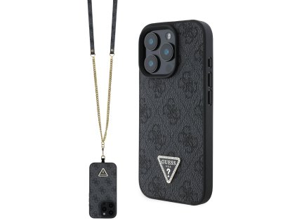 Guess PU 4G Strass Triangle Metal Logo Zadní Kryt + Crossbody Popruh pro iPhone 16 Pro Black