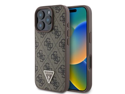 Guess PU 4G Strass Triangle Metal Logo Zadní Kryt pro iPhone 16 Pro Brown