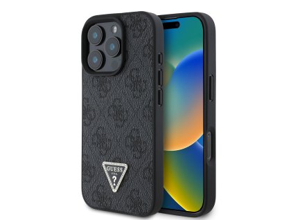 Guess PU 4G Strass Triangle Metal Logo Zadní Kryt pro iPhone 16 Pro Black