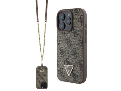 Guess PU 4G Strass Triangle Metal Logo Zadní Kryt + Crossbody Popruh pro iPhone 16 Pro Brown