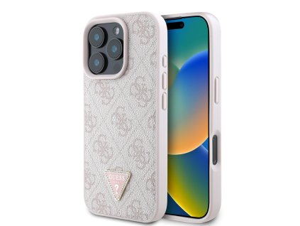 Guess PU 4G Strass Triangle Metal Logo Zadní Kryt pro iPhone 16 Pro Max Pink