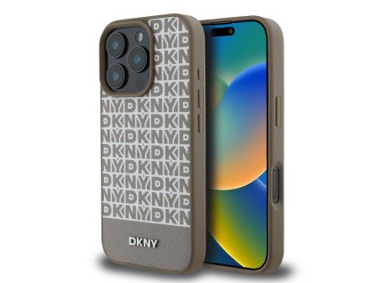 DKNY PU Leather Repeat Pattern Bottom Stripe MagSafe Zadní Kryt pro iPhone 16 Pro Max Brown