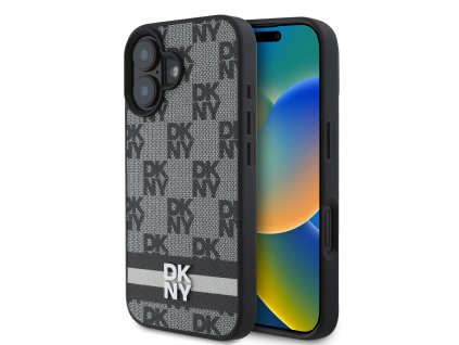DKNY PU Leather Checkered Pattern and Stripe Zadní Kryt pro iPhone 16 Black