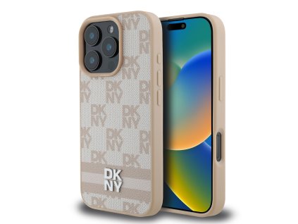 DKNY PU Leather Checkered Pattern and Stripe Zadní Kryt pro iPhone 16 Pro Max Pink