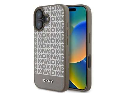 DKNY PU Leather Repeat Pattern Bottom Stripe MagSafe Zadní Kryt pro iPhone 16 Brown