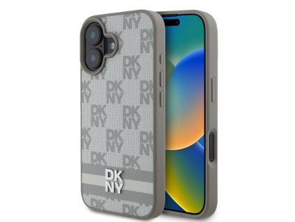 DKNY PU Leather Checkered Pattern and Stripe Zadní Kryt pro iPhone 16 Beige