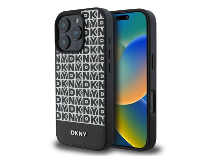 DKNY PU Leather Repeat Pattern Bottom Stripe MagSafe Zadní Kryt pro iPhone 16 Pro Max Black