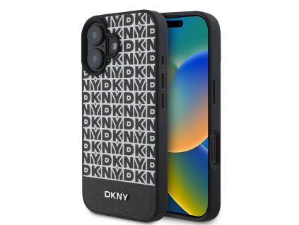 DKNY PU Leather Repeat Pattern Bottom Stripe MagSafe Zadní Kryt pro iPhone 16 Plus Black
