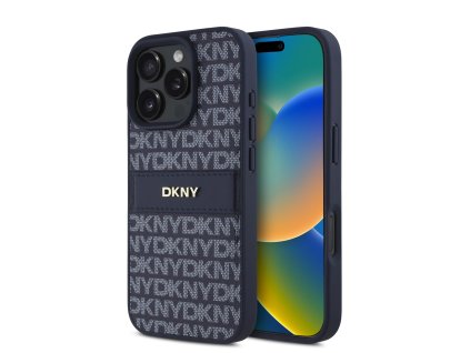 DKNY PU Leather Repeat Pattern Tonal Stripe Zadní Kryt pro iPhone 16 Pro Max Blue