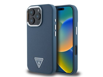 Guess PU Grained Triangle Logo Zadní Kryt pro iPhone 16 Pro Max Blue