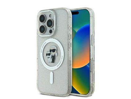 Karl Lagerfeld IML Glitter Karl and Choupette MagSafe Zadní Kryt pro iPhone 16 Pro Transparent