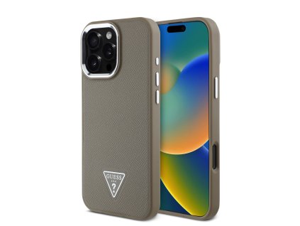 Guess PU Grained Triangle Logo Zadní Kryt pro iPhone 16 Pro Max Brown