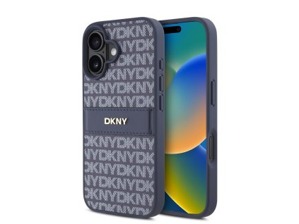 DKNY PU Leather Repeat Pattern Tonal Stripe Zadní Kryt pro iPhone 16 Blue