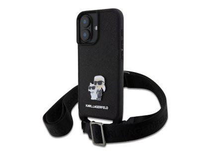 Karl Lagerfeld Saffiano Crossbody Popruh Metal Karl and Choupette Zadní Kryt pro iPhone 16 Plus Black