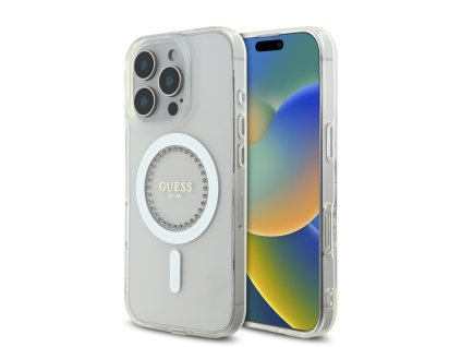 Guess IML Rhinestones Ring MagSafe Zadní Kryt pro iPhone 16 Pro White